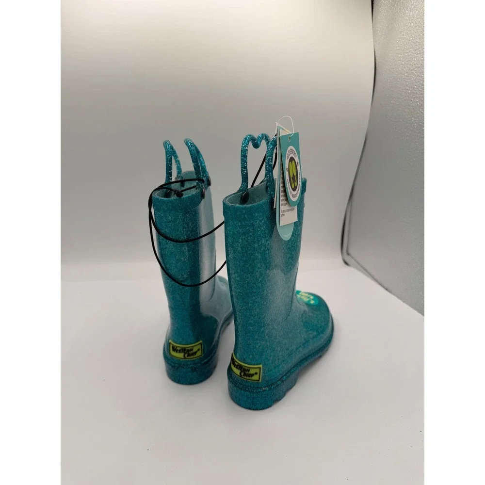 Western‎ Chief Abby Glitter Lighted Teal Rain Boots Girls Size 9 Heart Handles